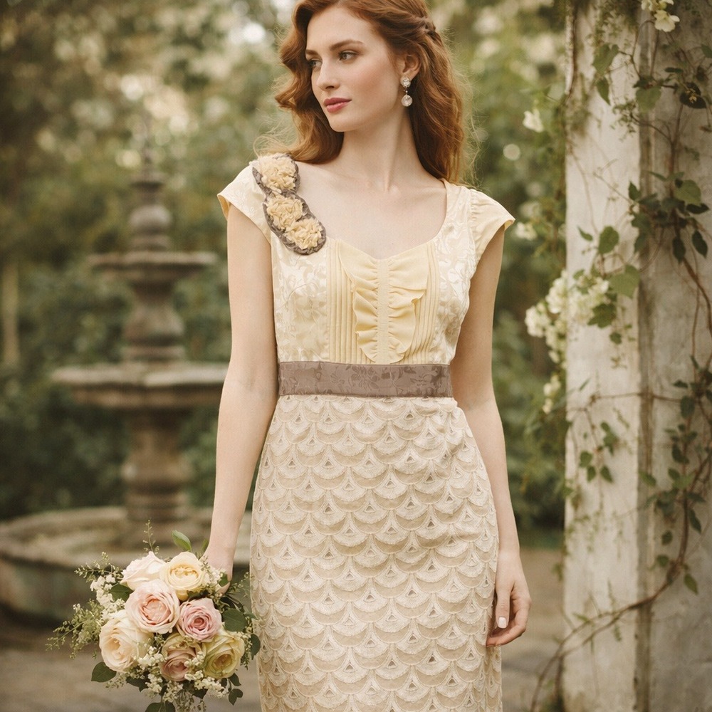 Anthropologie Floreat Dress 6 Cream Lace Rosette Cottage Wedding Guest Bridal